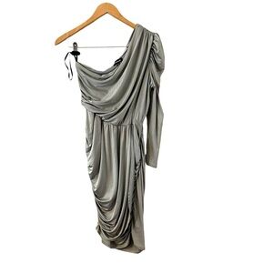 Bebe one shoulder long sleeve silver ruched Draped Lined Mini dress Y2K